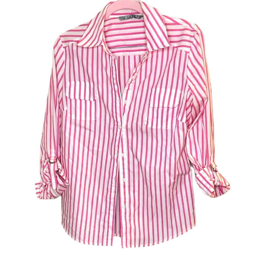 Women’s Striped Pink and White Signature by Larry Levine Size Small 3/4 sleeve